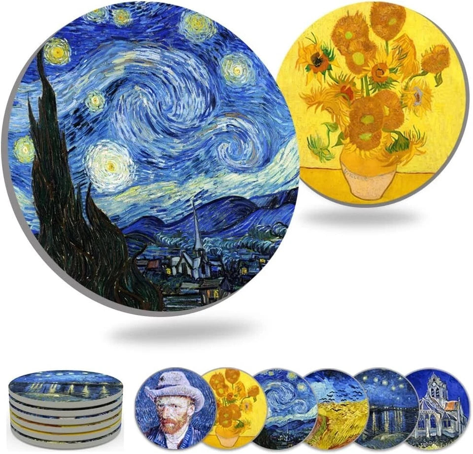 Coasters for Drinks Ceramic Van Gogh Art Coasters Set - Use 6 Famous 4.1 inch