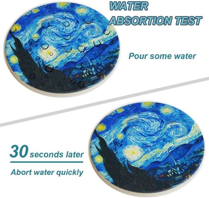 Coasters for Drinks Ceramic Van Gogh Art Coasters Set - Use 6 Famous 4.1 inch